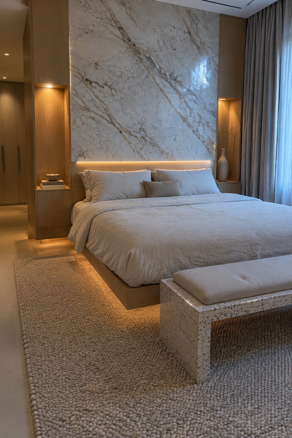 A modern bedroom with a low floating wooden bed platform dressed in light linen bedding, positioned in front of a large marble accent wall with integrated wooden niches and warm lighting.
