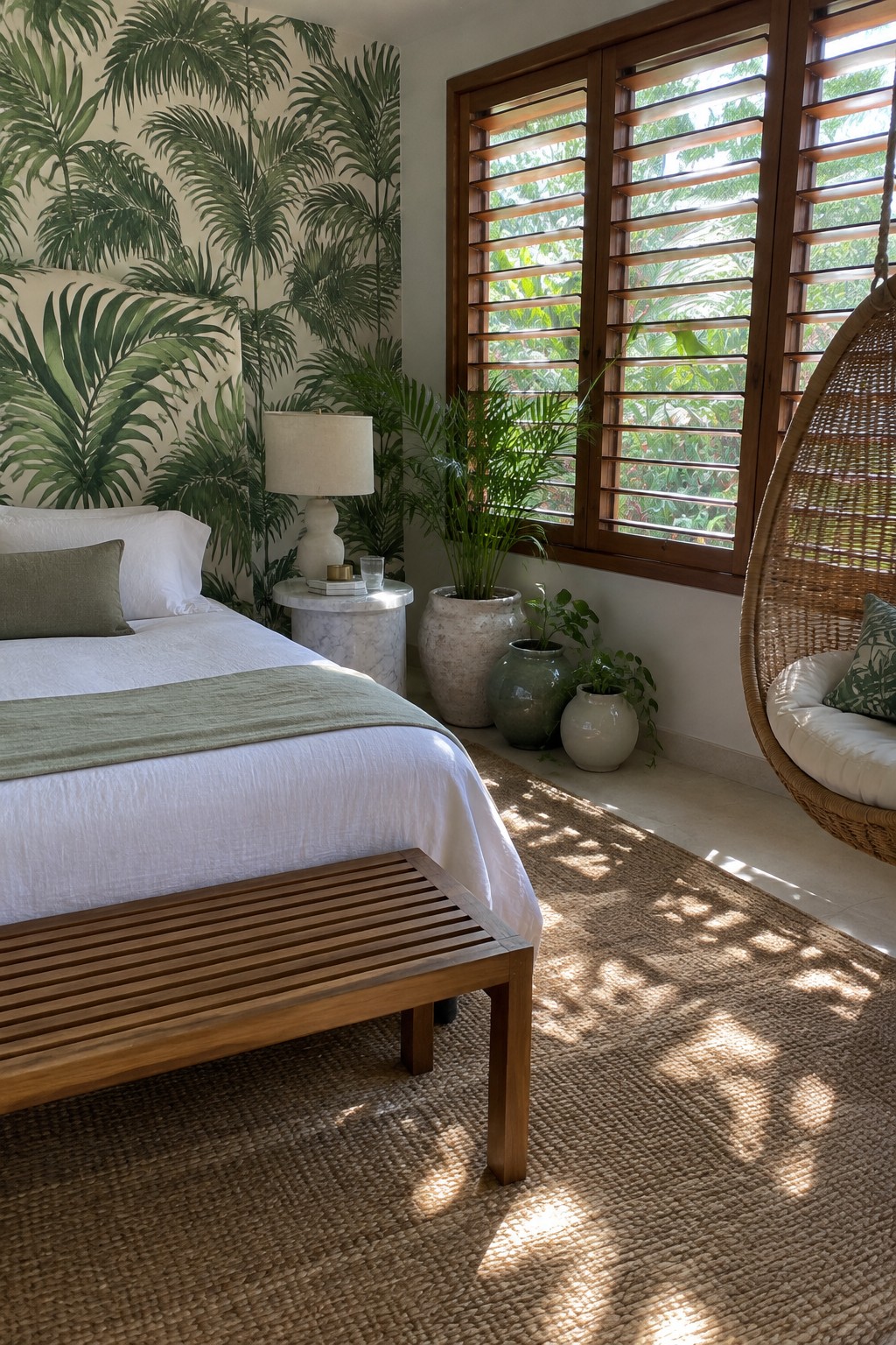 A bedroom with a large bed dressed in white linens and a green throw, a wooden bench at the foot, tropical palm leaf wallpaper, potted plants, and a hanging wicker chair next to a window with wooden shutters.