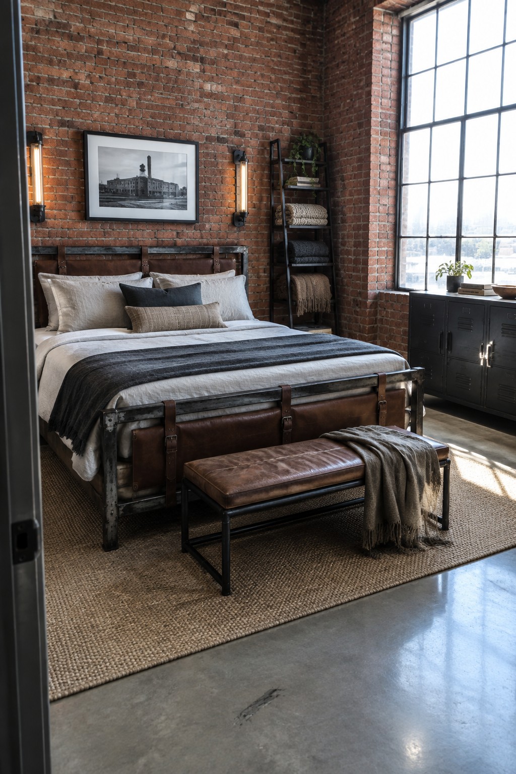 Industrial loft bedroom with leather bed, bench, brick walls, and large window.