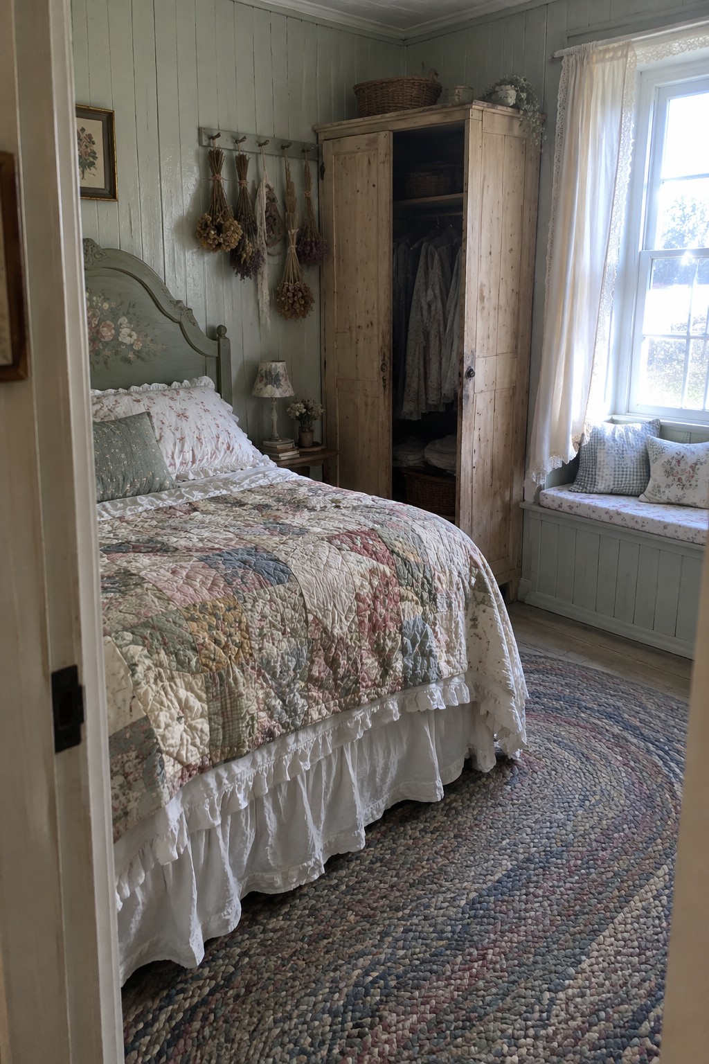 A bedroom with a large bed covered in a patchwork quilt, a tall open wooden wardrobe, and a window seat with cushions.