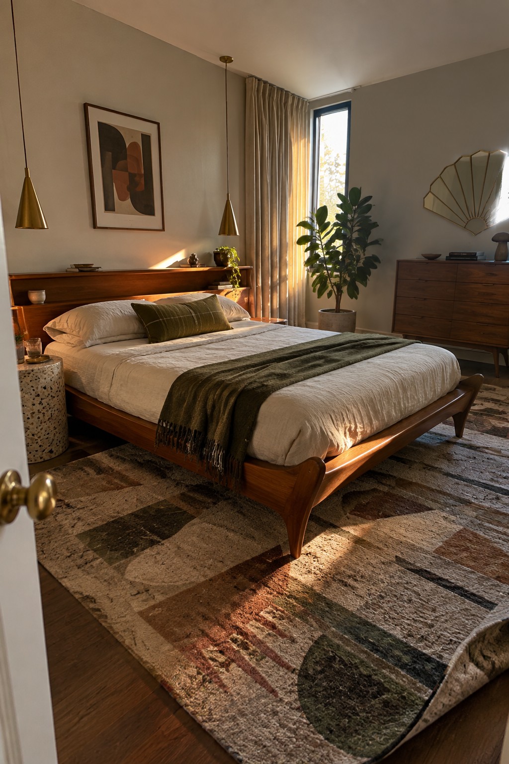 A bedroom with a low wooden platform bed that has curved edges, white bedding with a green throw, pendant lights, and a large abstract rug.