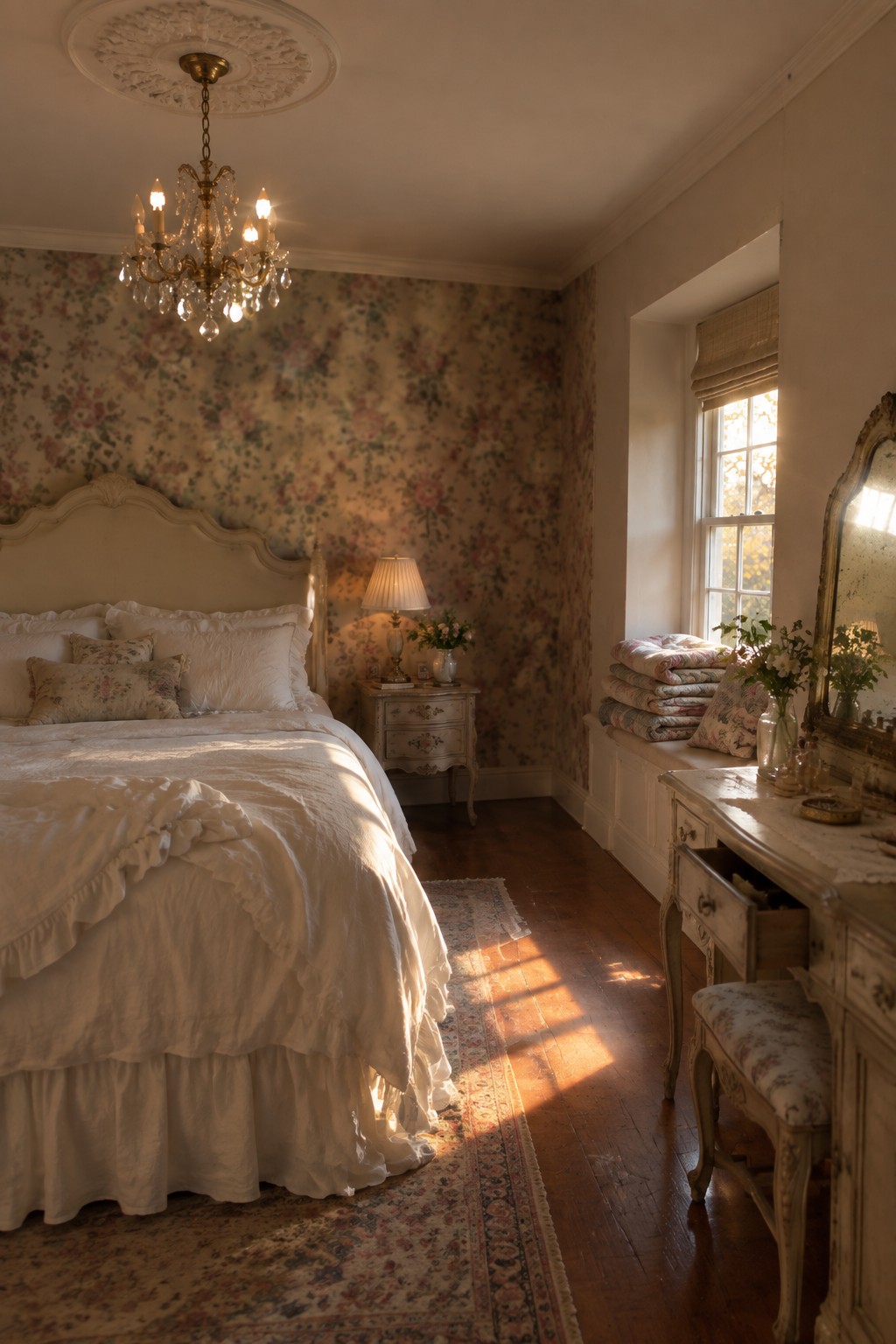 A bedroom with a large white ruffled bed against floral wallpaper, a crystal chandelier overhead, and sunlight streaming across a wooden floor toward a vanity by the window.