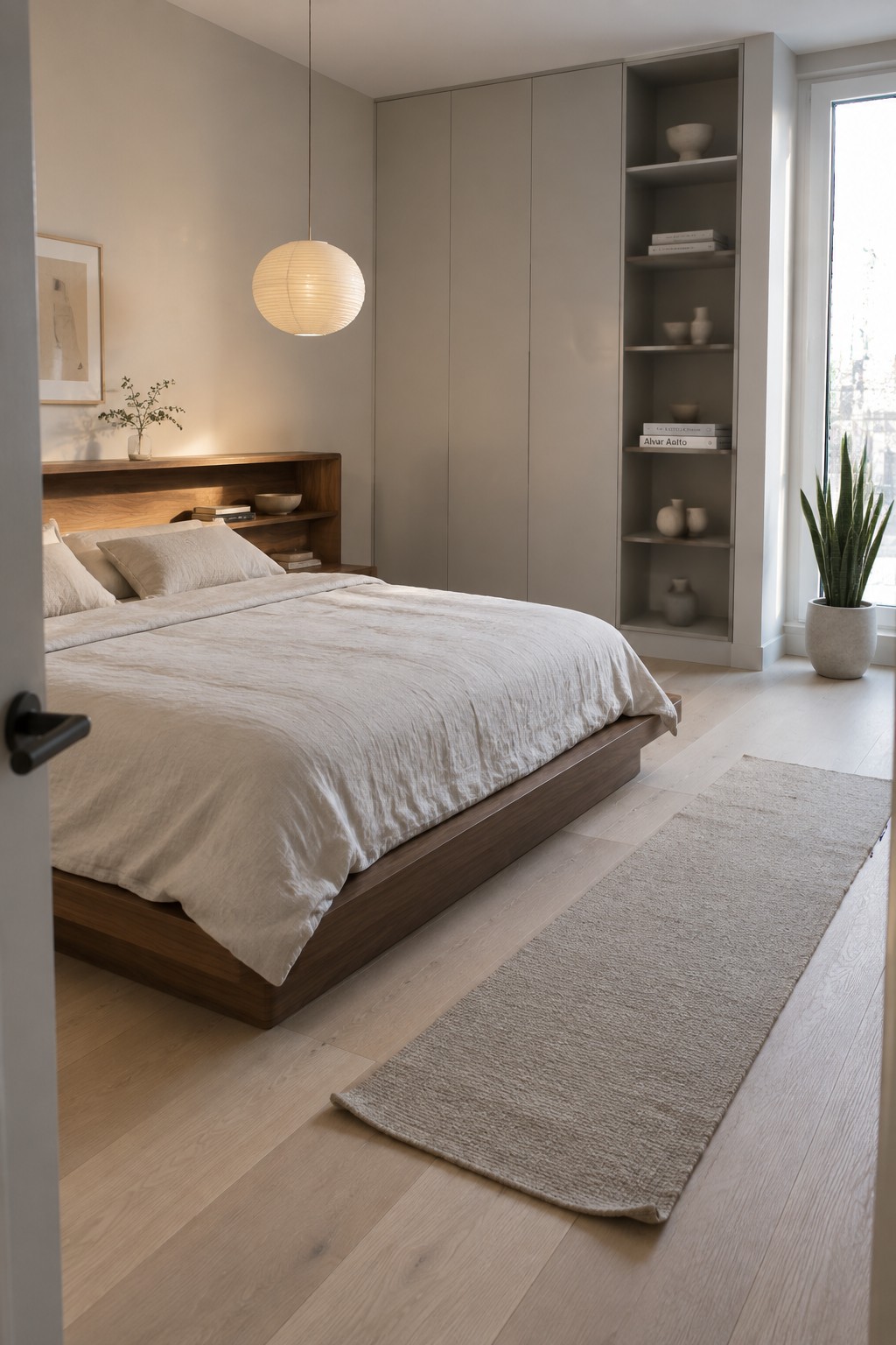 Minimalist bedroom with low wooden bed, beige linens, spherical pendant lamp, and built-in shelves