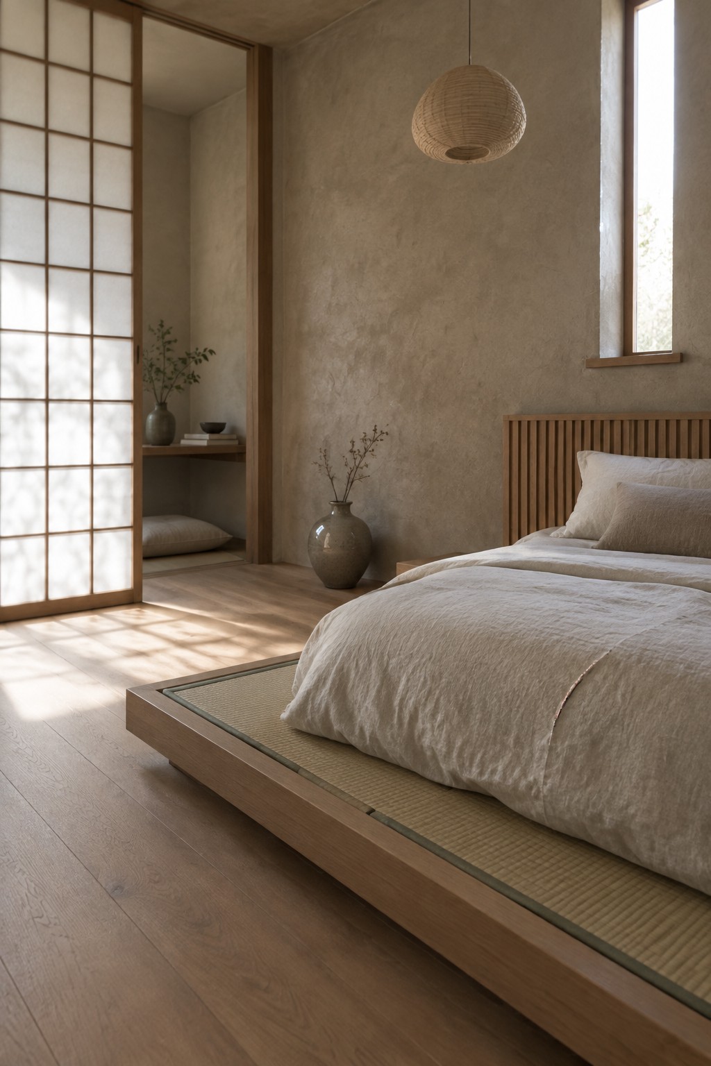 A low wooden platform bed rests on tatami mats in a minimalist bedroom with beige linens, a woven pendant light, and open shoji screens.