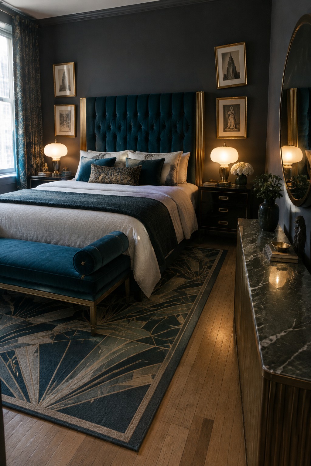 Dark elegant bedroom with teal tufted headboard, white linens, patterned rug, marble console