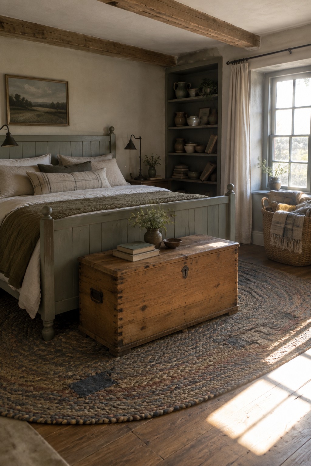 A bedroom interior showing a sage green wooden bed with white and olive bedding, a large rustic wooden chest at the foot of the bed on a multicolored braided rug, and built-in shelves in the background.