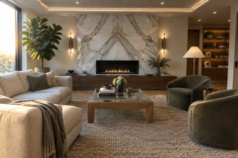 A modern living room with a large marble accent wall behind a wall-mounted television and linear fireplace, neutral upholstered sofa and armchairs, glass coffee table on a textured rug, and multiple wall sconces and lamps providing layered illumination.