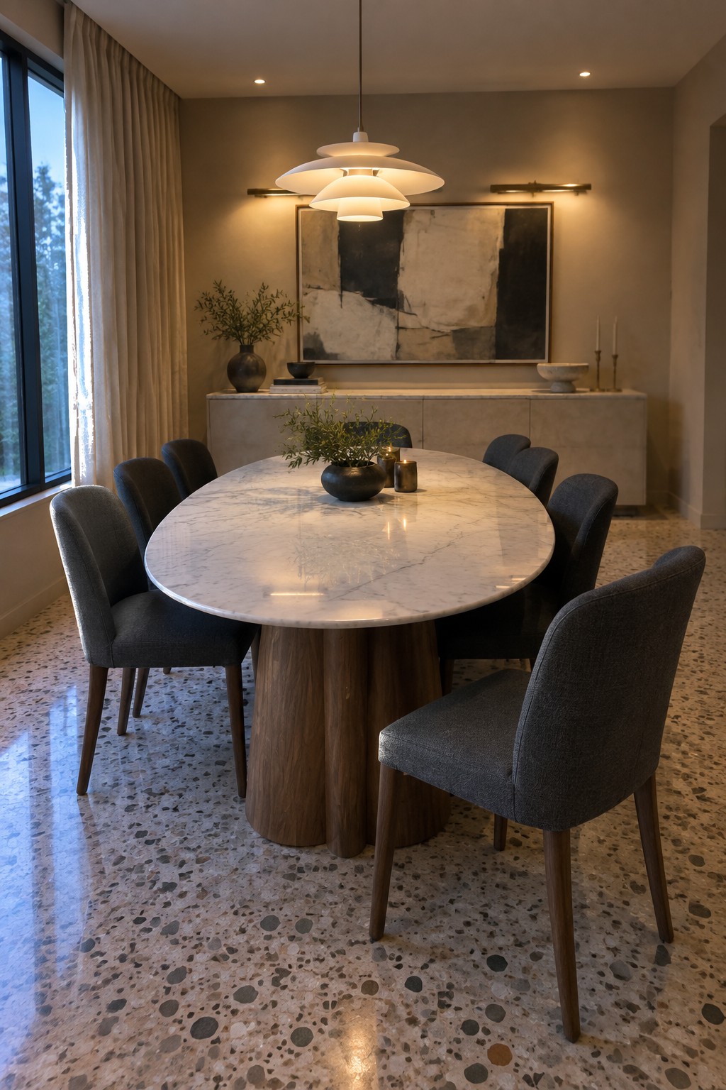 Modern dining room with round marble table, gray chairs, pendant light and abstract art