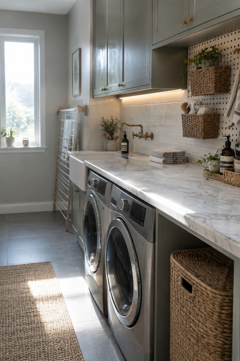 A laundry room with two front-loading washers beneath a white marble countertop, gray cabinets, a farmhouse sink, and under-cabinet lighting.