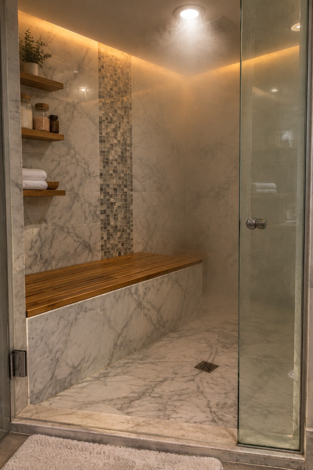A modern steam shower with white marble tiles, a wooden bench, mosaic accent wall, glass door, and warm recessed lighting.