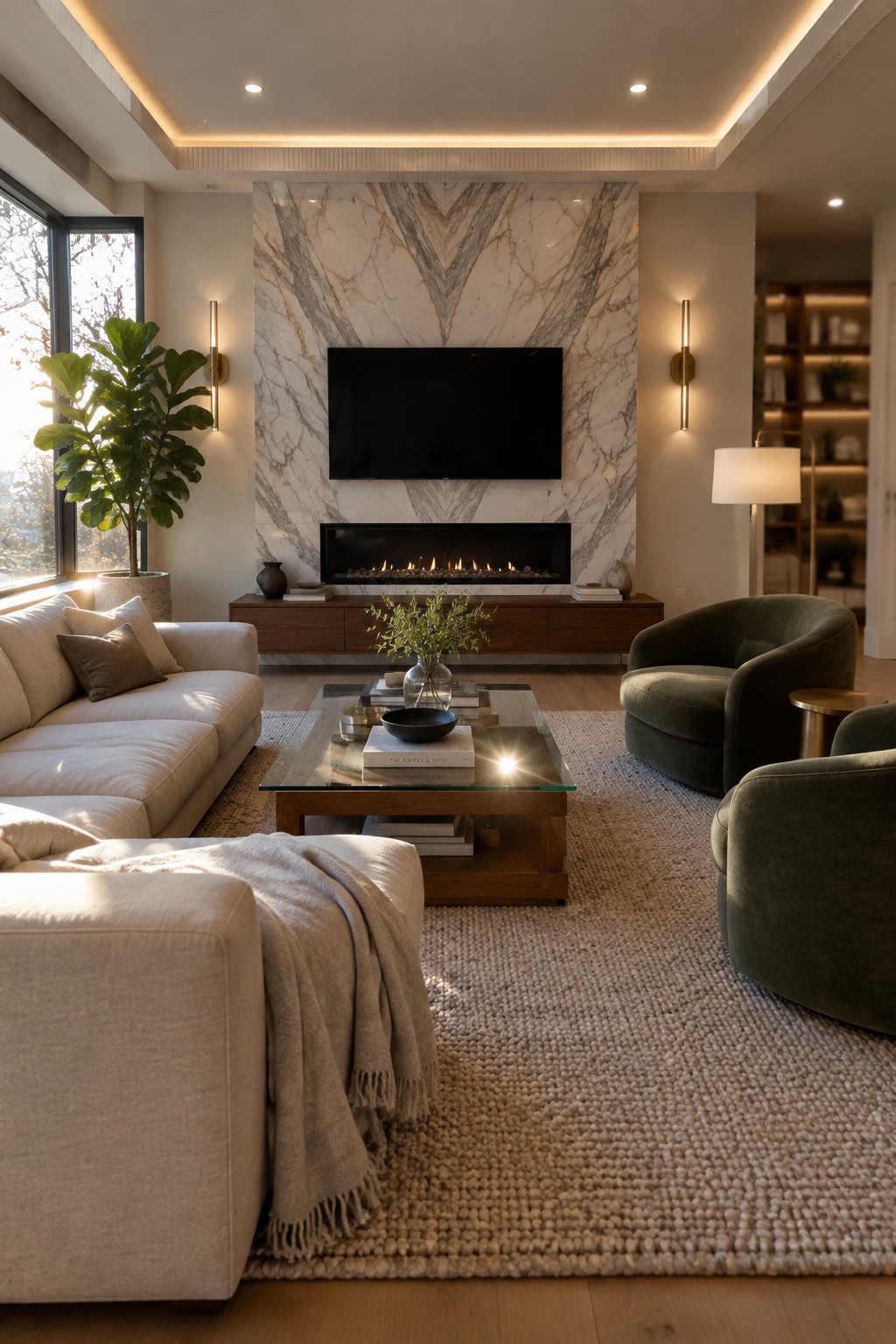 A modern living room with a large marble accent wall behind a wall-mounted television and linear fireplace, neutral upholstered sofa and armchairs, glass coffee table on a textured rug, and multiple wall sconces and lamps providing layered illumination.