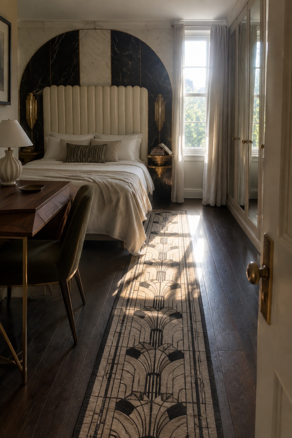 Sunlit luxury bedroom with arched marble wall, cream bed, and art deco runner.
