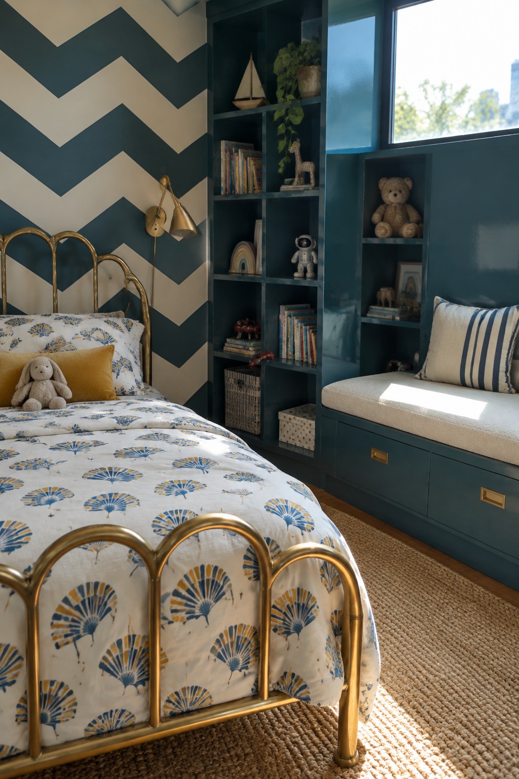 Cozy child's bedroom with teal chevron wall, brass bed, and toy-filled blue shelves.