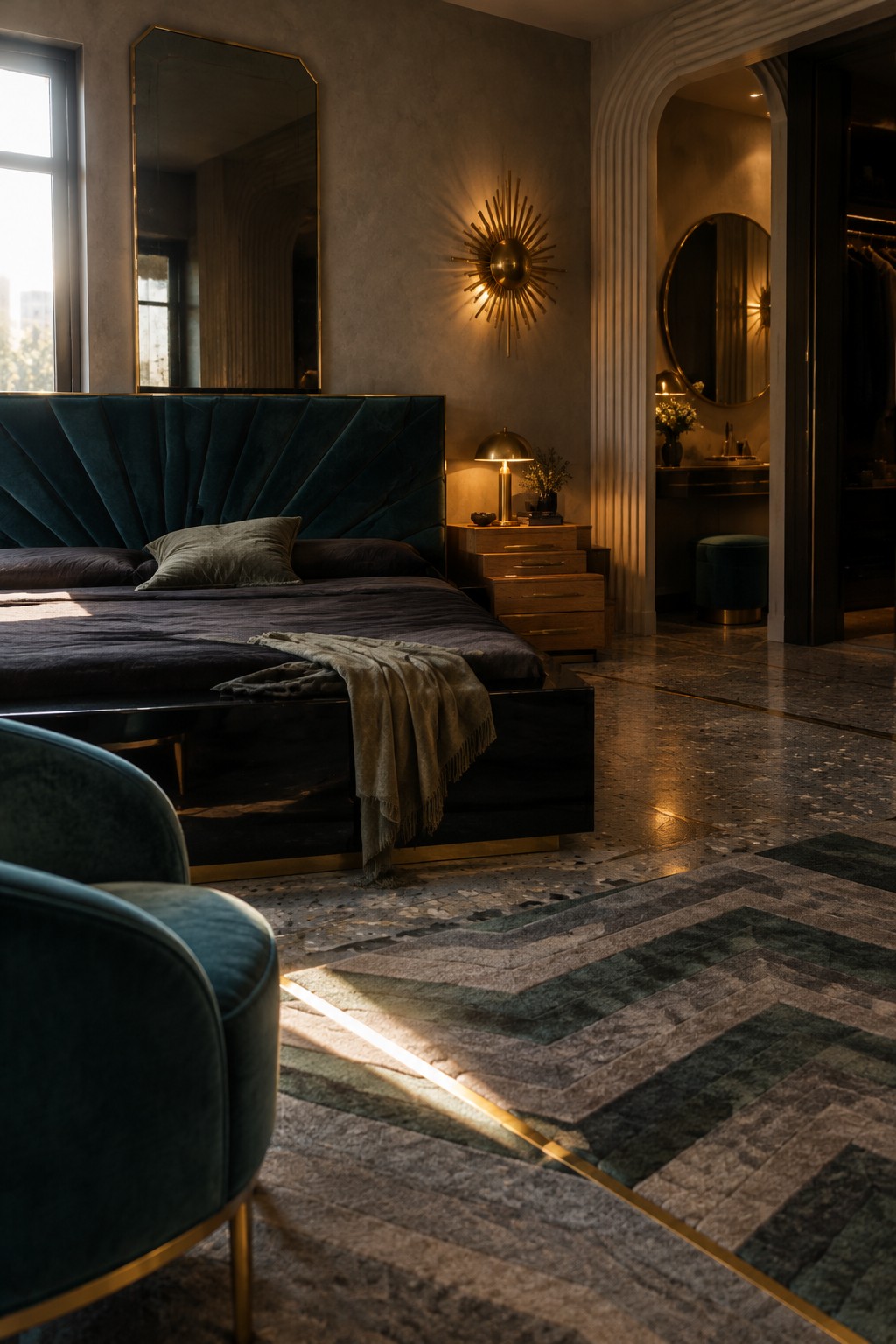 A bedroom with a teal pleated velvet headboard, dark bedding, brass bed frame, sunburst wall sconce, wooden nightstand, and a large chevron-patterned rug on marble flooring.