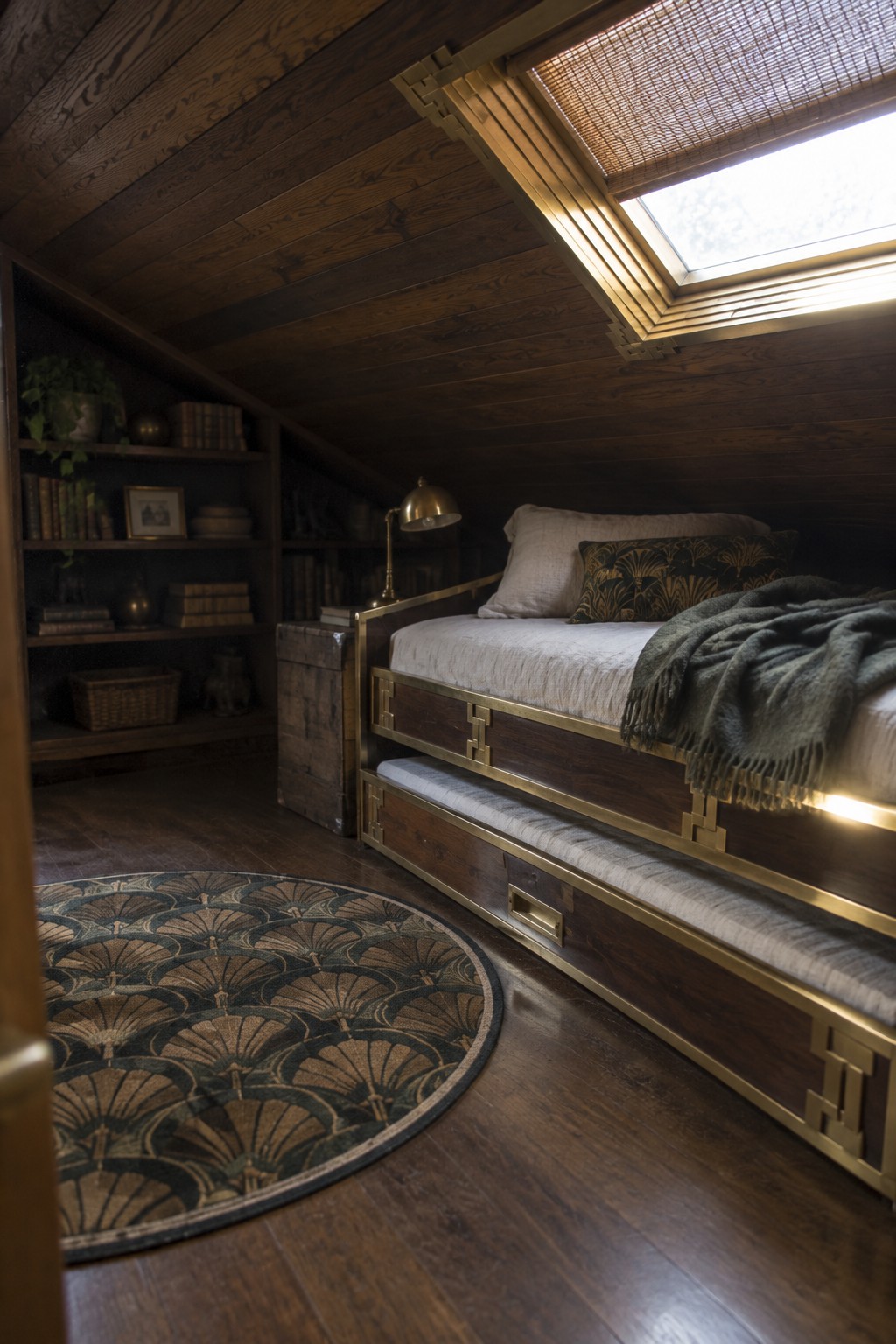 A wooden built-in bed with brass geometric accents and a trundle drawer sits under a skylight in a dark wood attic bedroom with bookshelves and a round patterned rug.