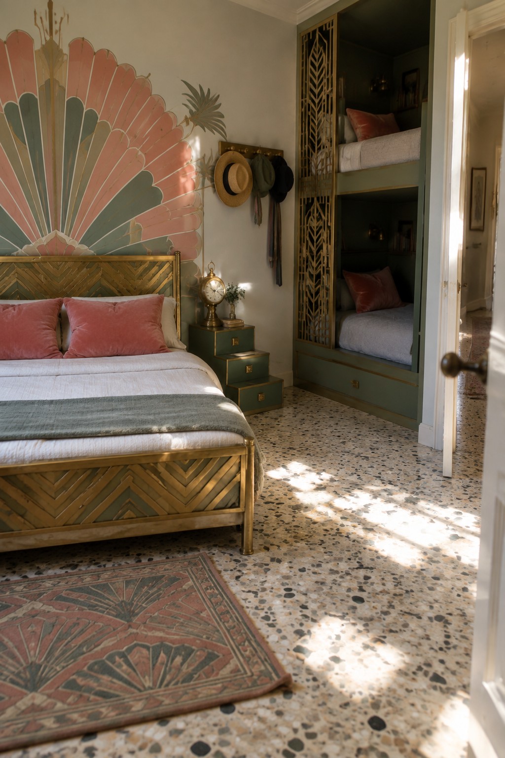A bedroom with a brass-framed bed, pink velvet pillows, a large Art Deco fan mural on the wall, and built-in green bunk beds with gold lattice screens on a terrazzo floor.