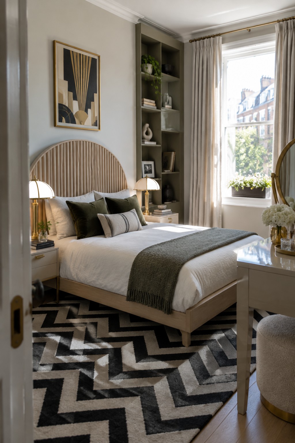 A bedroom with a light wood bed, white bedding, green velvet pillows, a fluted headboard, built-in green shelving holding books and plants, brass lamps, and a black and white chevron rug.