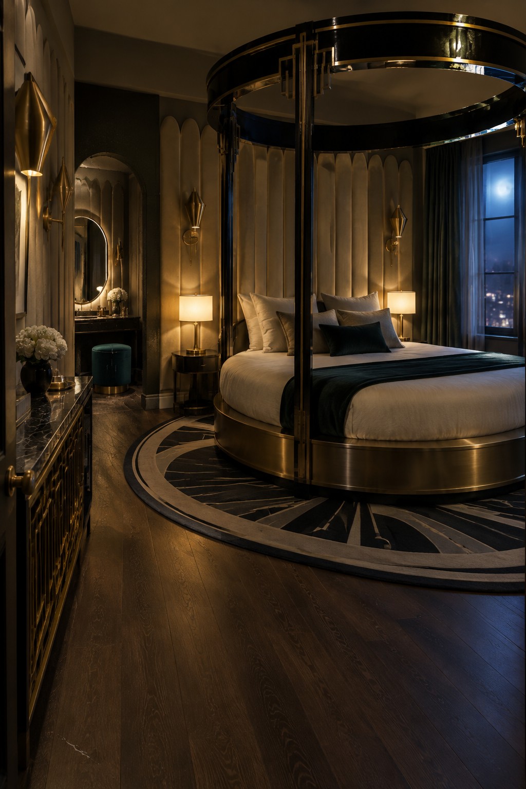 A round bed with a tall circular black and brass canopy frame sits on a patterned round rug in a dimly lit bedroom with white linens, dark wood floors, and wall sconces.