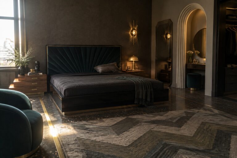A bedroom with a teal pleated velvet headboard, dark bedding, brass bed frame, sunburst wall sconce, wooden nightstand, and a large chevron-patterned rug on marble flooring.