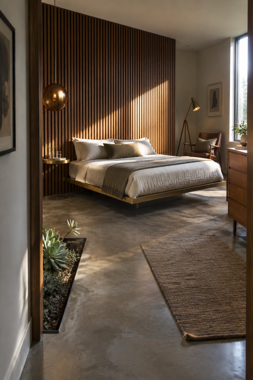 Modern floating bed against wood slat wall with sunlight, rug, and concrete floors