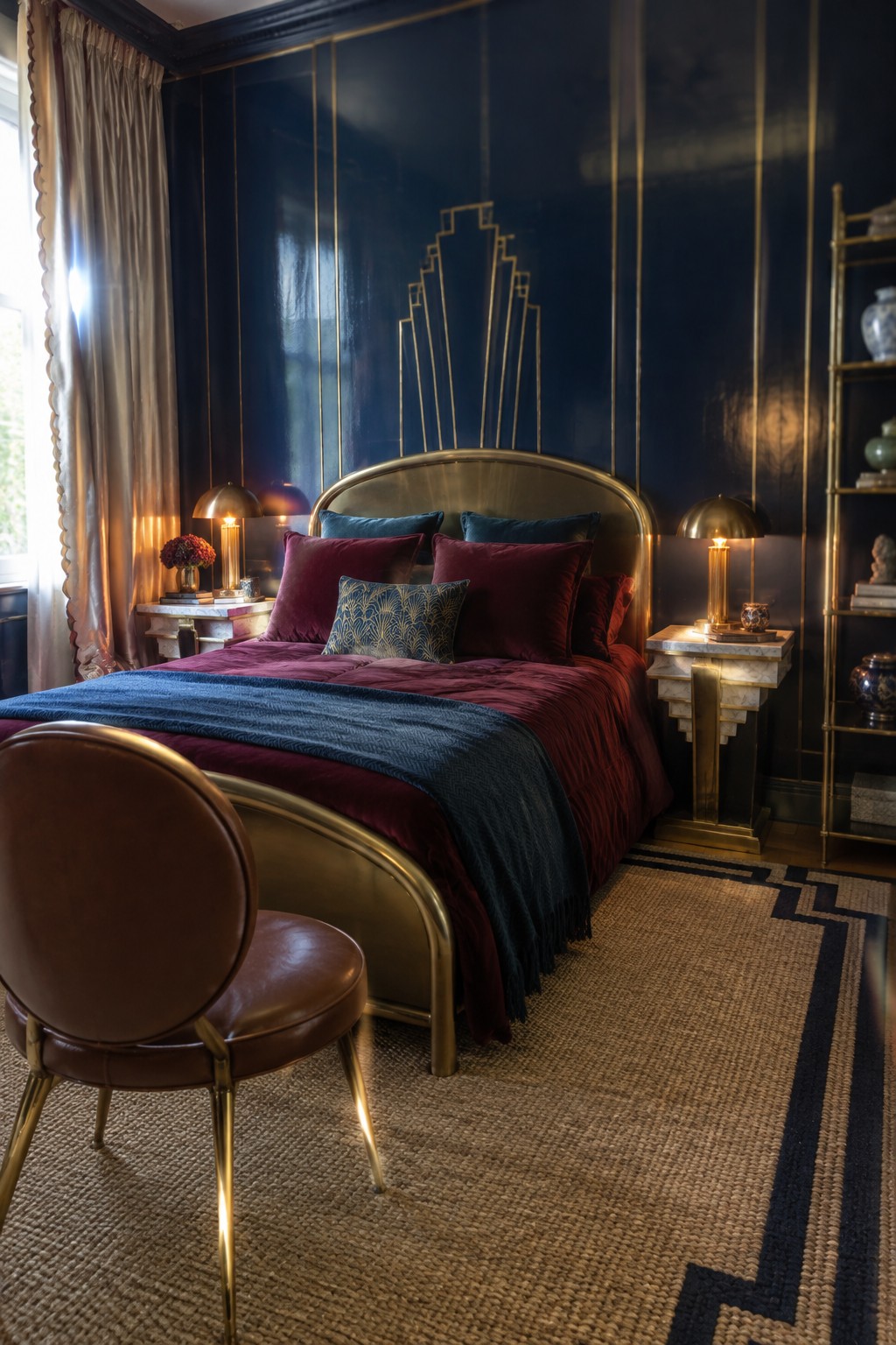 A bedroom with a brass bed frame, burgundy velvet bedding, teal pillows, and navy walls featuring gold Art Deco geometric patterns, with marble nightstands and brass lamps on either side.