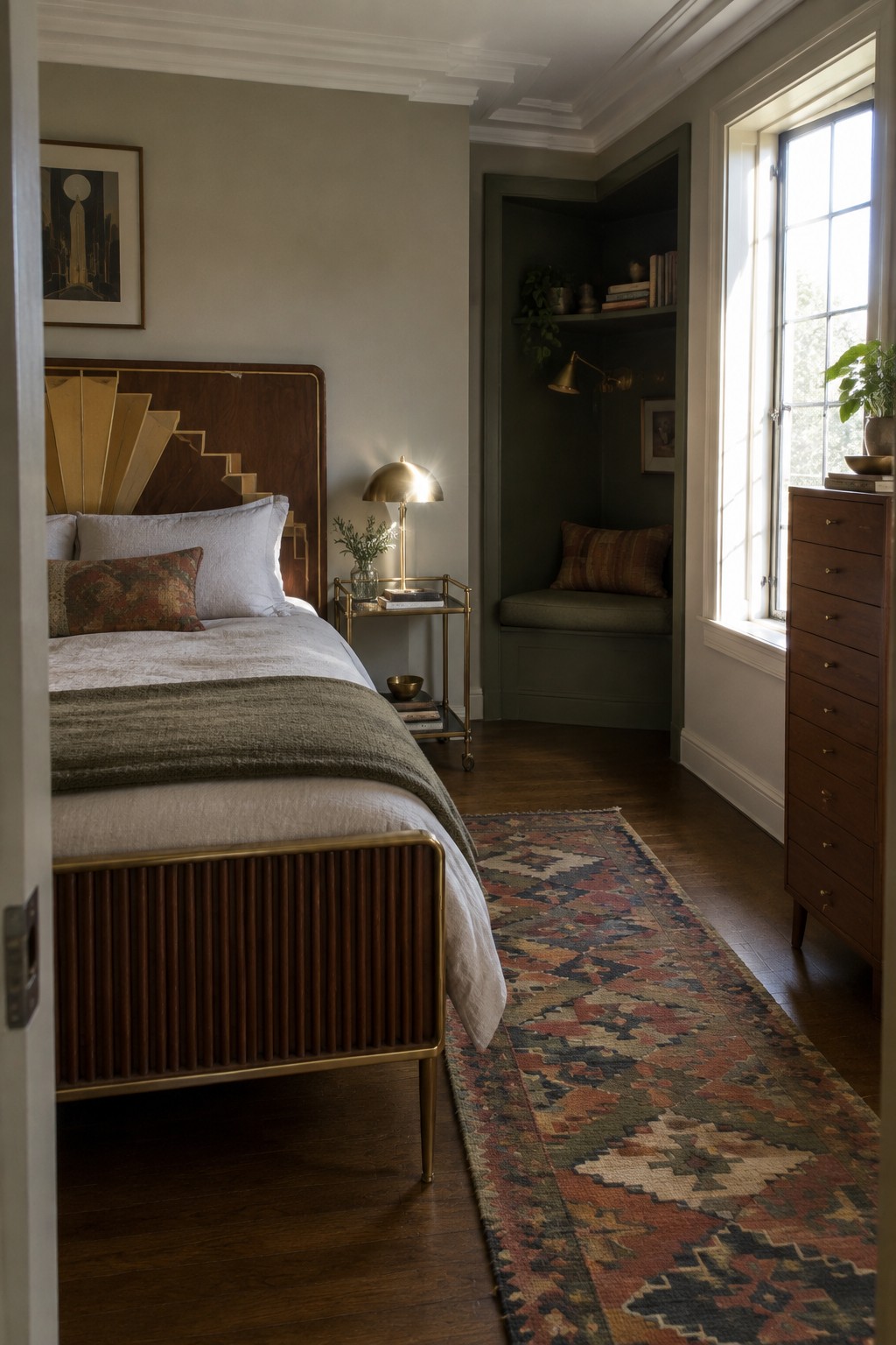 Elegant bedroom with Art Deco headboard, brass accents, green nook, and patterned rug.