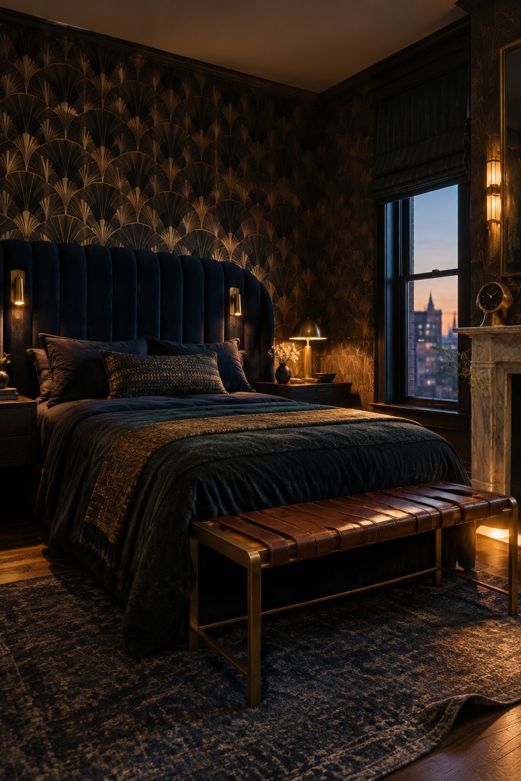 A bedroom featuring a navy velvet headboard against dark gold fan-patterned wallpaper, with brass wall sconces, a leather bench at the foot of the bed, and a window overlooking city buildings at dusk.