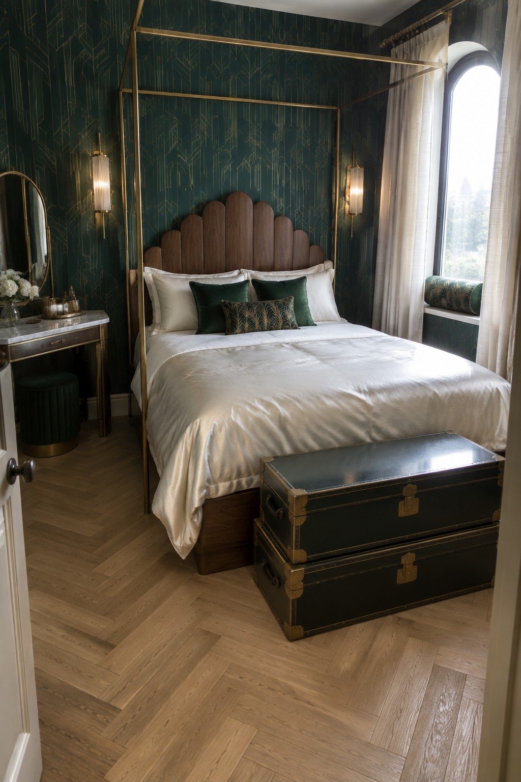 Luxurious gold canopy bed with white linens, green wallpaper, and stacked vintage trunks
