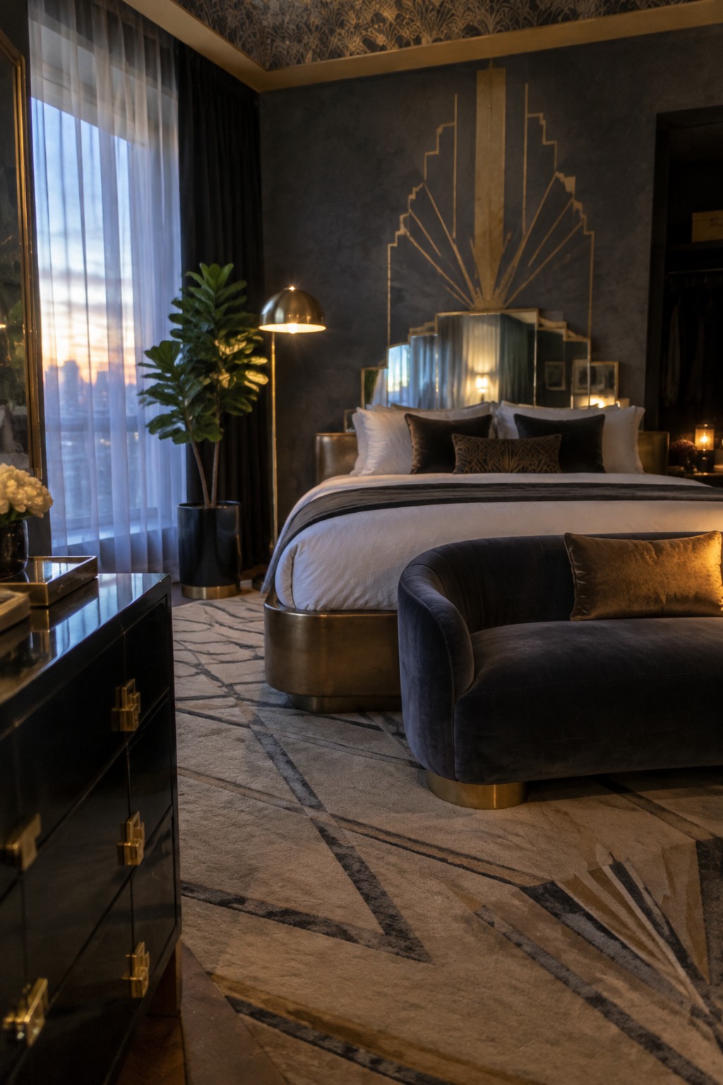 A bedroom with a dark textured wall displaying a large gold geometric art deco motif above a bed with white bedding, dark velvet chaise lounge, patterned rug, and brass floor lamp.