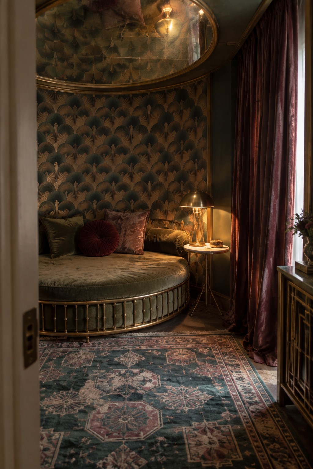 A round green velvet bed with brass frame sits in a curved alcove covered in dark geometric fan-pattern wallpaper, with a round mirror above and a brass lamp on a small side table.