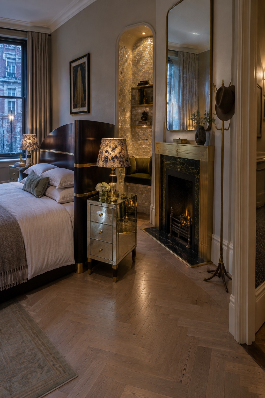 A bedroom with a large curved dark wood headboard featuring horizontal brass bands, a mirrored nightstand with brass trim, and a brass-framed fireplace.
