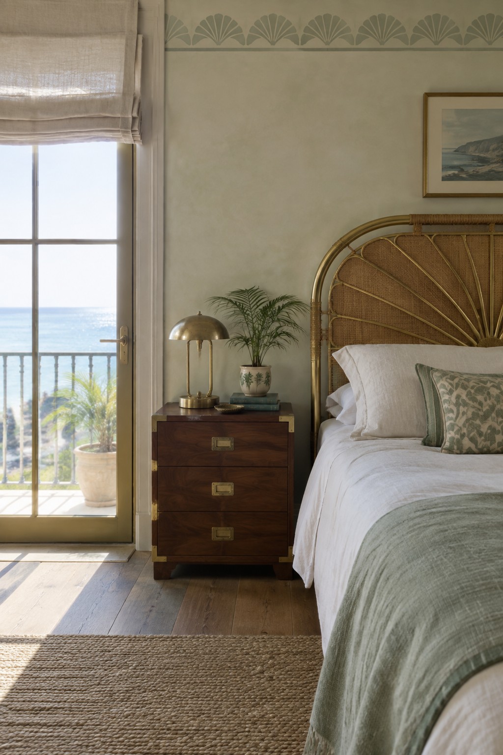 A bedroom featuring a rattan sunburst headboard with brass frame, a dark wood nightstand with brass hardware, white linens, and an ocean view through an open door.