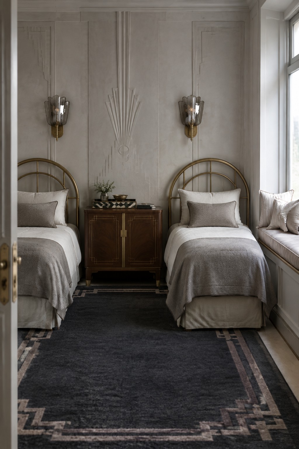 A bedroom interior showing two twin beds with brass headboards placed symmetrically on either side of a dark wood cabinet, with glass wall sconces above each bed and a dark geometric-patterned rug covering the floor.