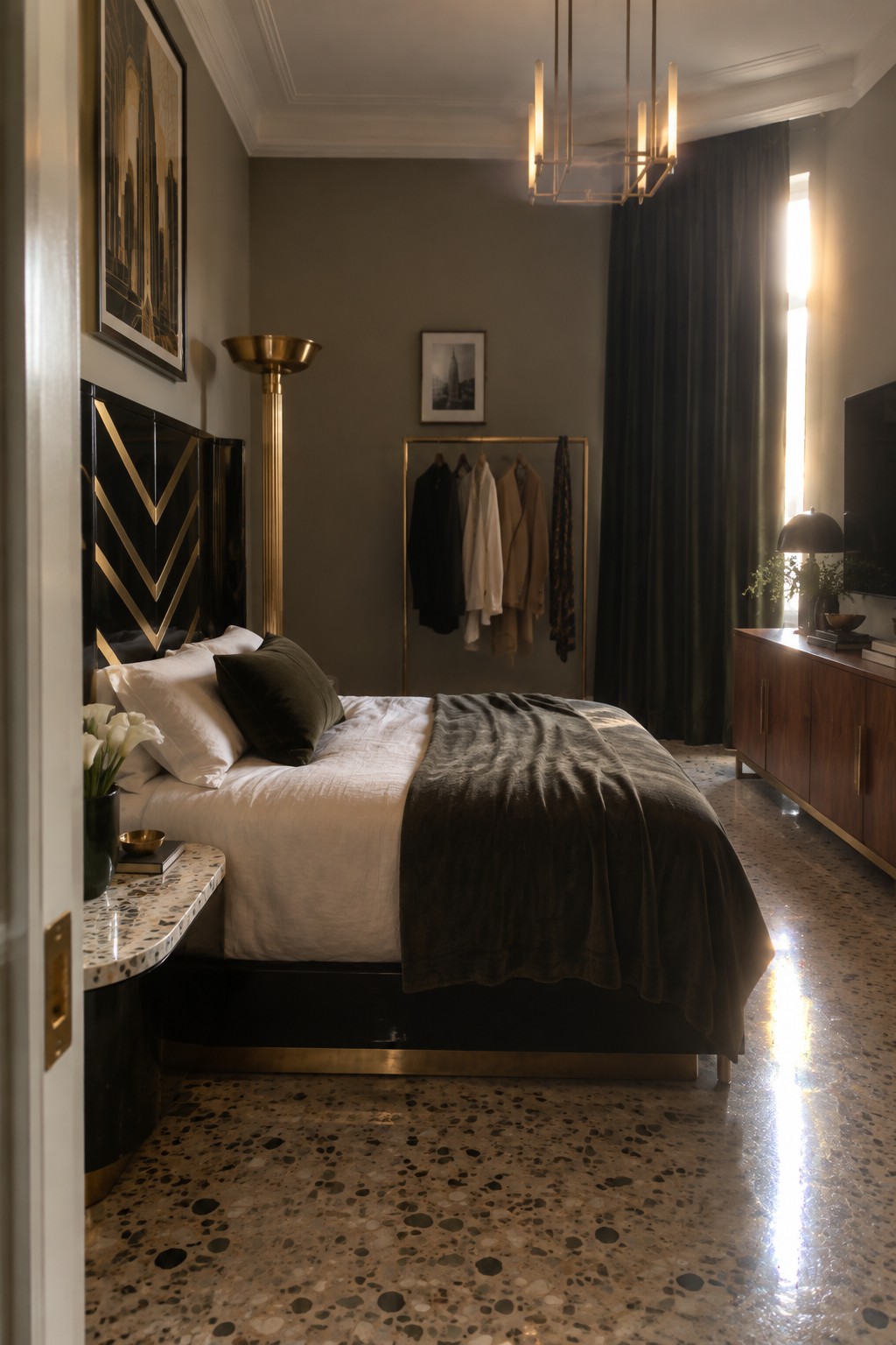 A bedroom with a black and gold geometric Art Deco headboard, white bedding, a brass floor lamp, and a terrazzo floor.