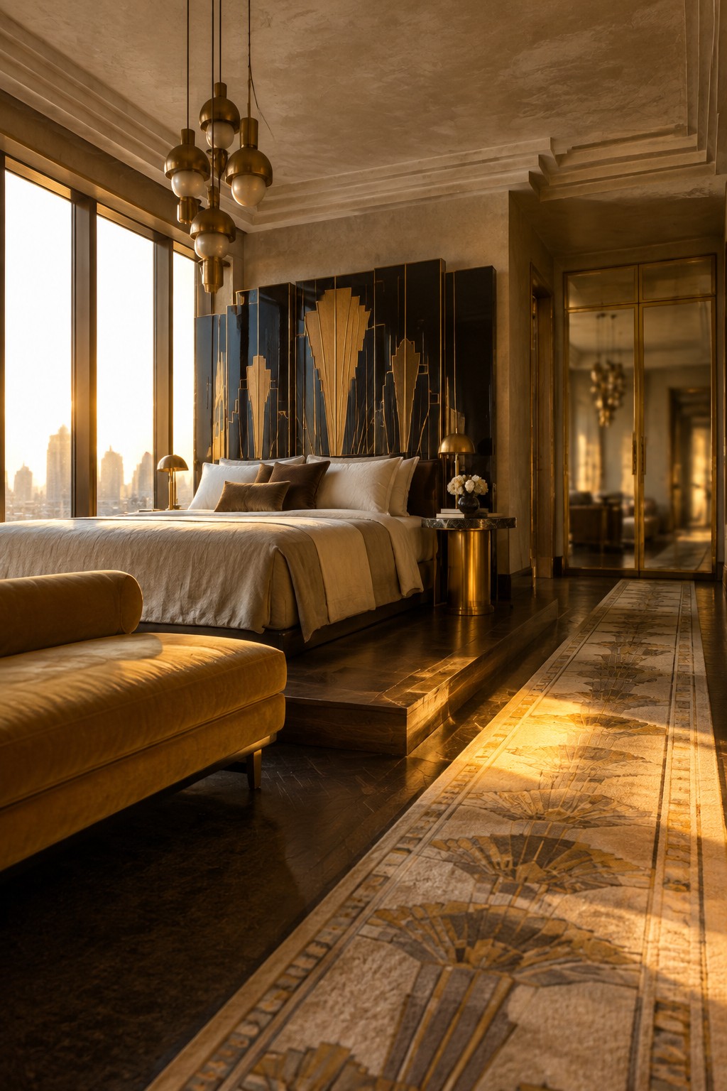 Sun-drenched Art Deco bedroom with platform bed, gold chandelier, velvet chaise, and skyline view.