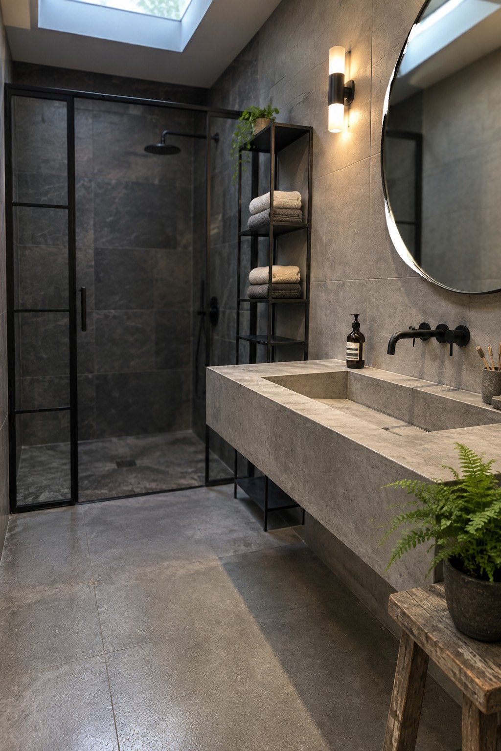 Modern bathroom with floating concrete vanity, round mirror, black fixtures, and tiled shower.
