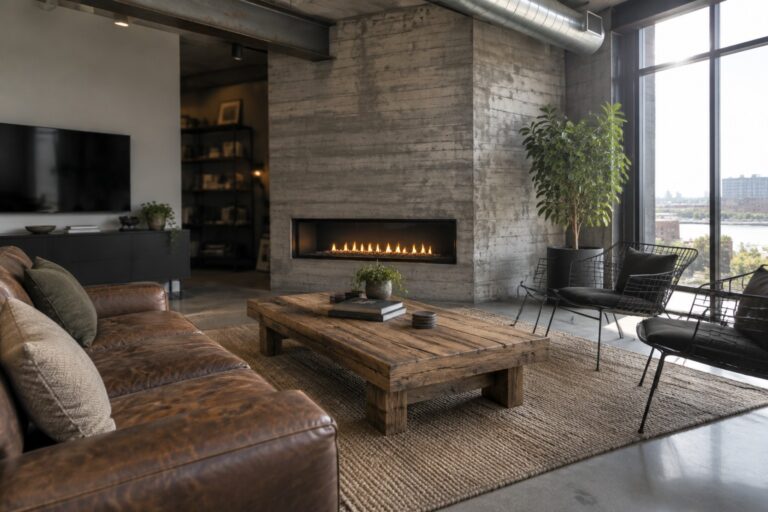 21 Bold Modern Industrial Interior Design Ideas Using Metal and Concrete Industrial living room with brown leather sofa, rustic wood table, wire chairs, and fireplace
