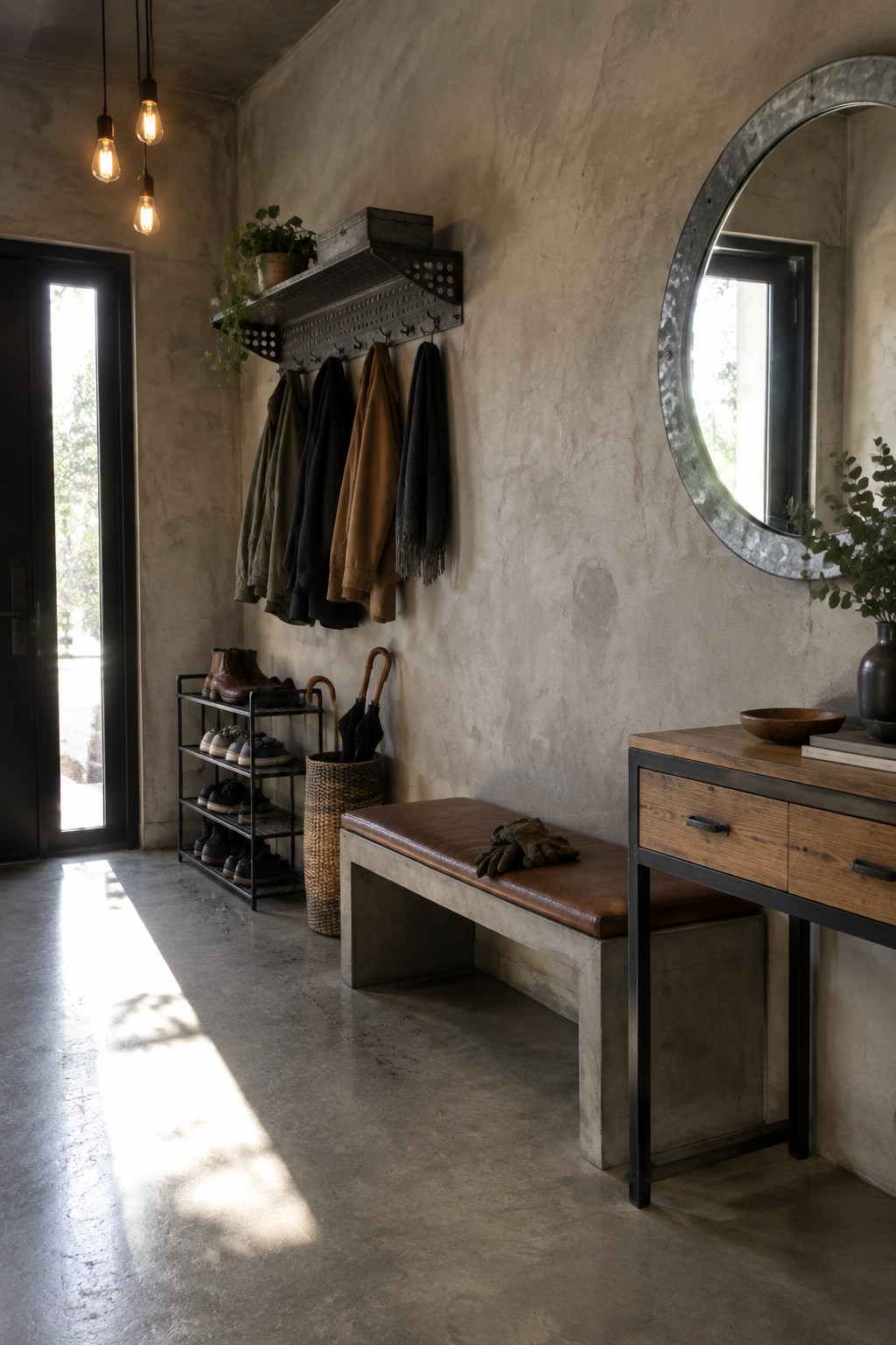 An entryway interior with textured concrete walls, a metal wall-mounted coat rack holding jackets, a concrete bench with brown cushion, shoe racks, a round metal mirror, and pendant lights.
