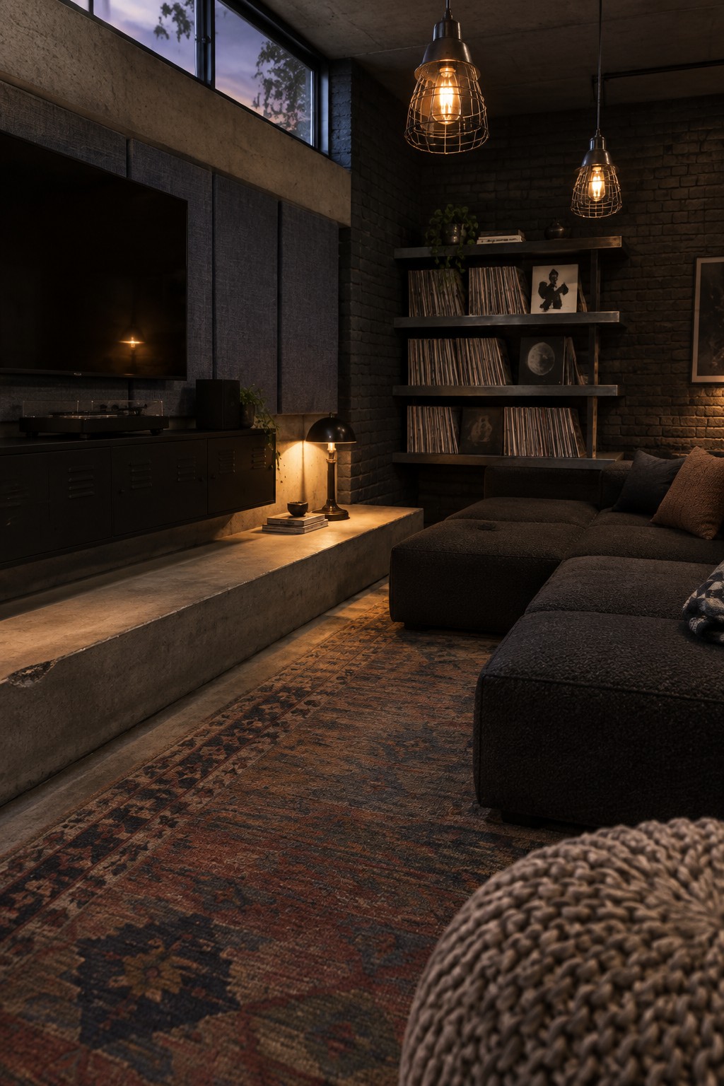 Dimly lit industrial living room with brick walls, vinyl shelves, dark sofa, and patterned rug