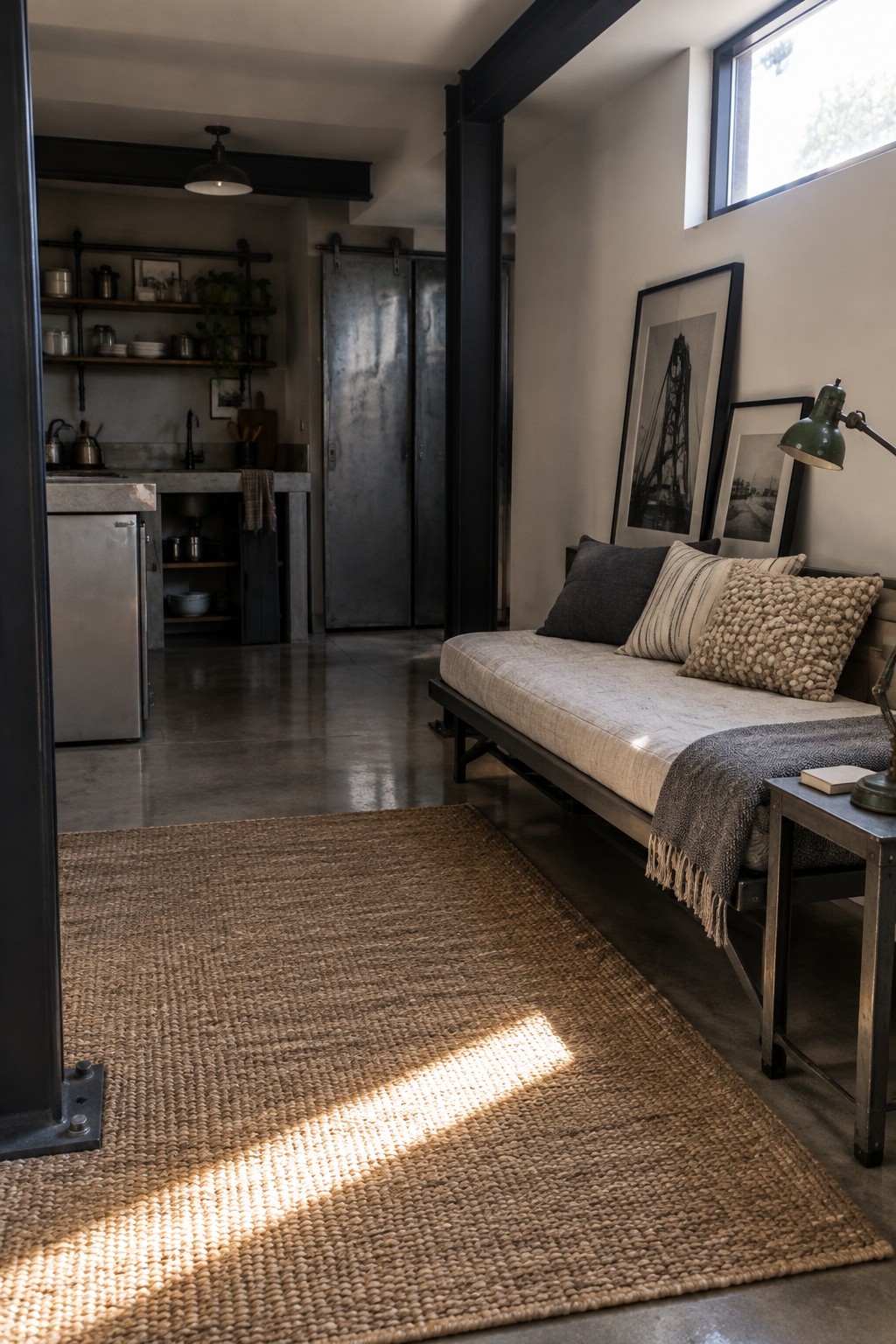 Industrial loft with daybed, woven rug, open kitchen, and sunlit concrete floor