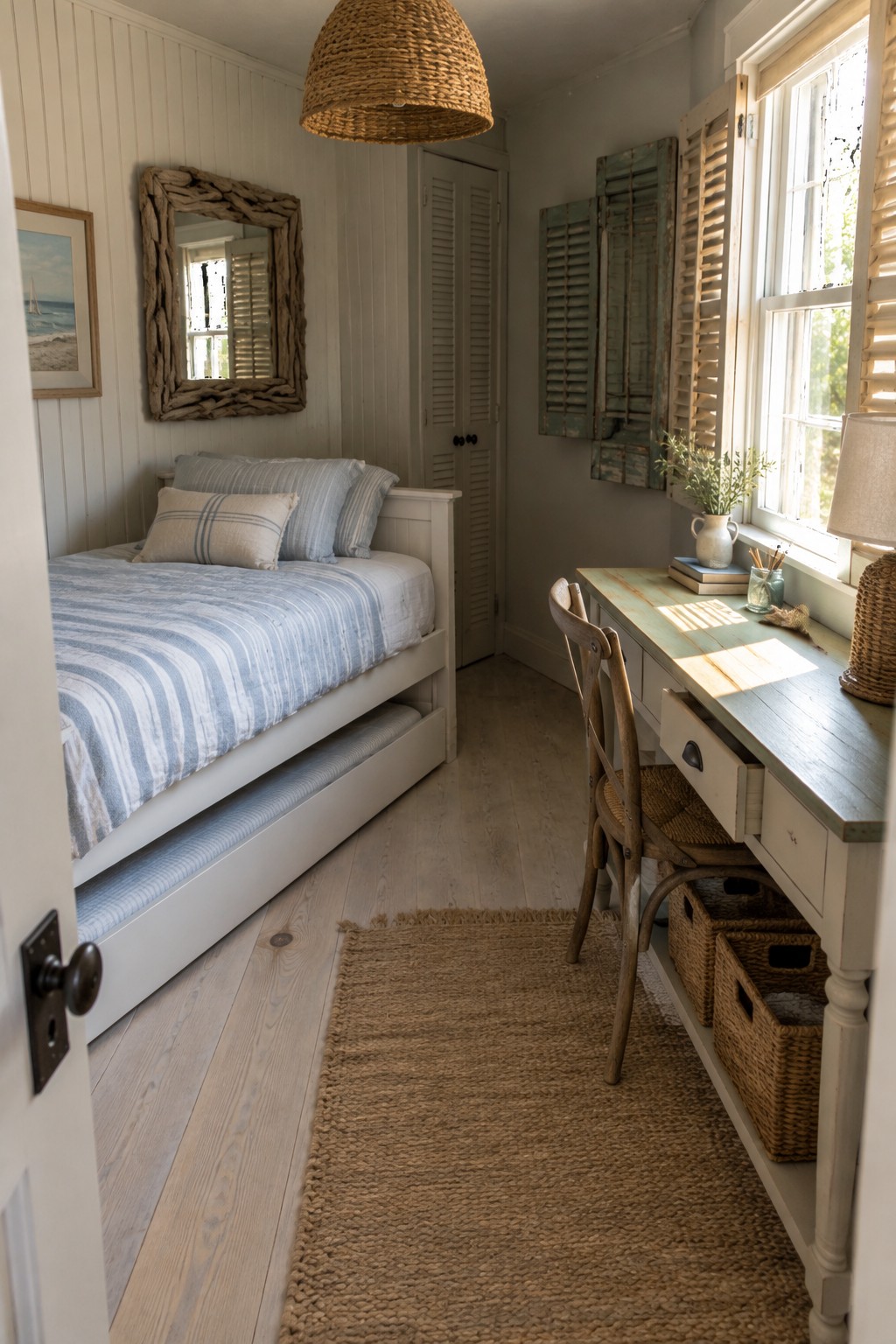 A narrow bedroom with a white bed and blue striped bedding on the left wall and a white desk with wooden chair positioned under a window on the right wall.