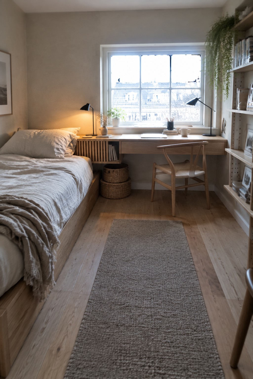 A narrow bedroom with a wooden bed along the left wall, a light wood desk centered under a large window, and a wooden chair pulled up to the desk.