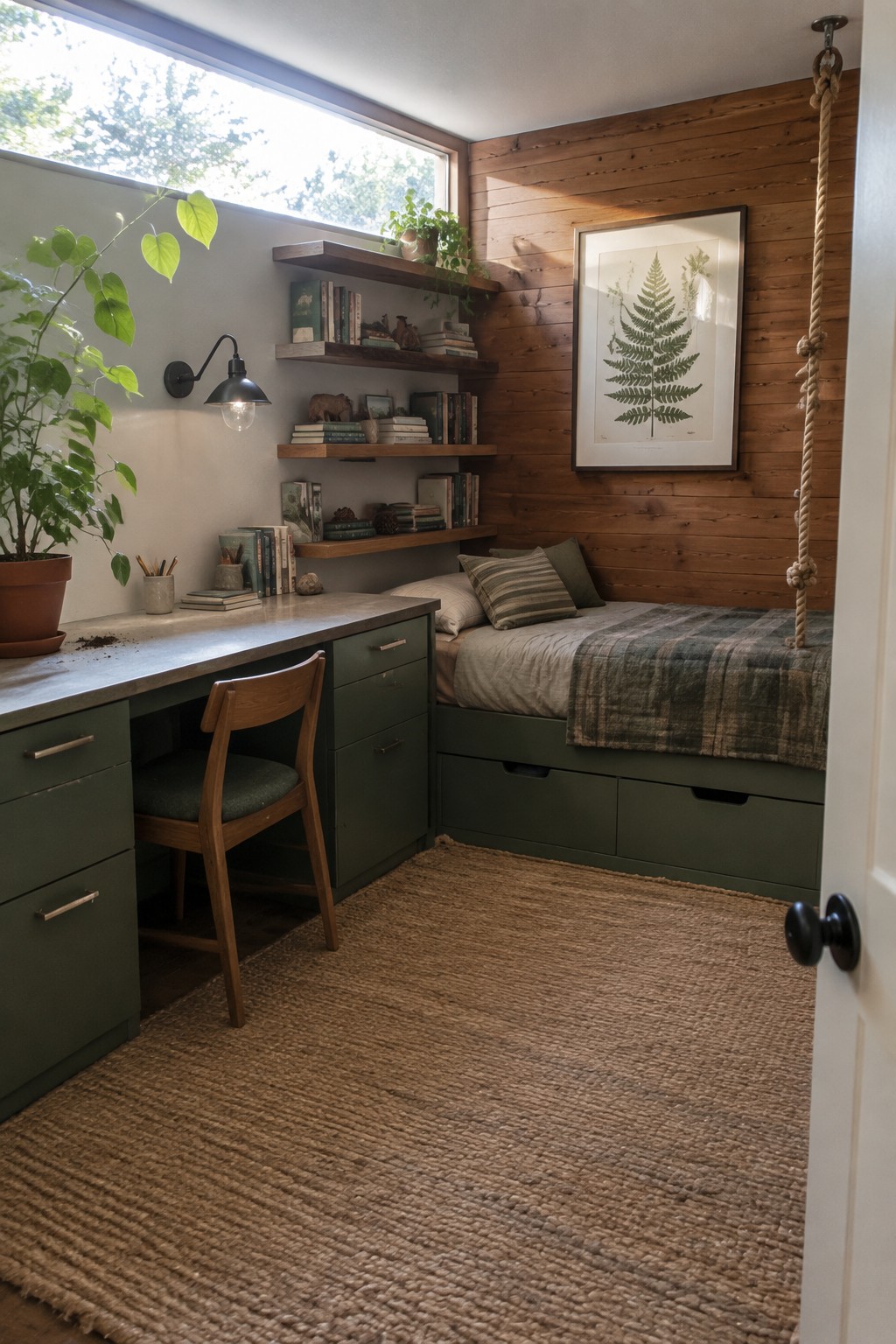 A compact bedroom with a built-in green desk and storage cabinets under a large window, a bed with under-bed drawers, wood-paneled walls, and a woven rug.