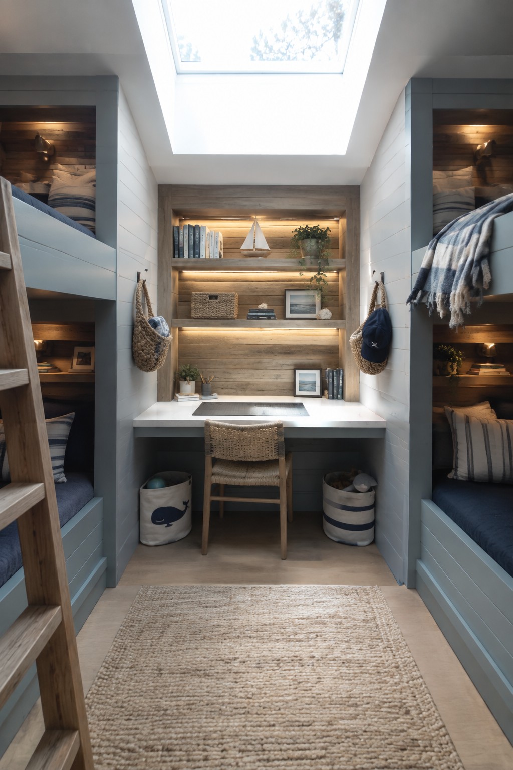 A narrow bedroom with built-in blue bunk beds on both sides and a central white desk with wooden shelves above it under a skylight.
