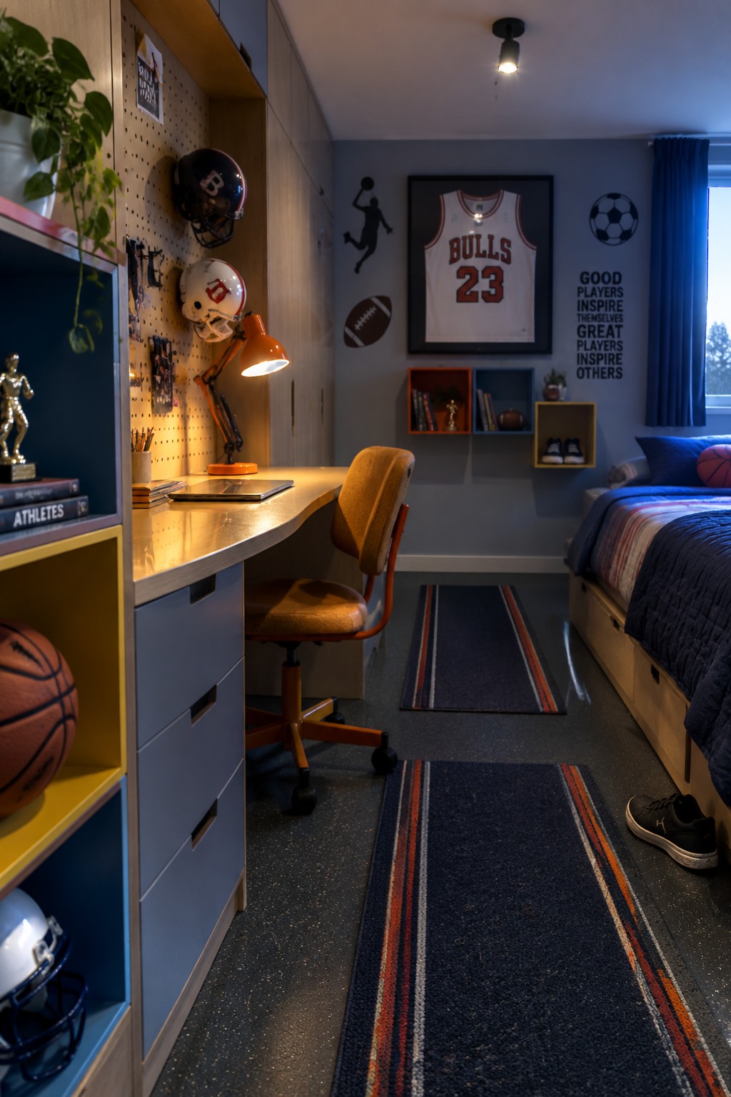 A sports-themed boy's bedroom with a built-in desk, orange task lamp, office chair, pegboard wall, storage shelves, and a bed with blue bedding.