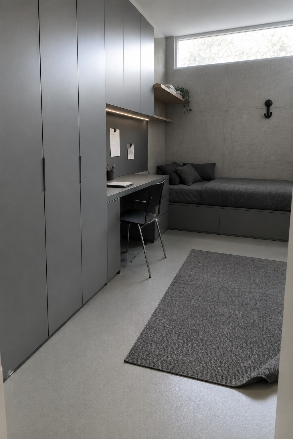 A modern bedroom with floor-to-ceiling gray built-in cabinets, an integrated desk and chair, a gray daybed against the wall, and a large gray rug on concrete flooring.
