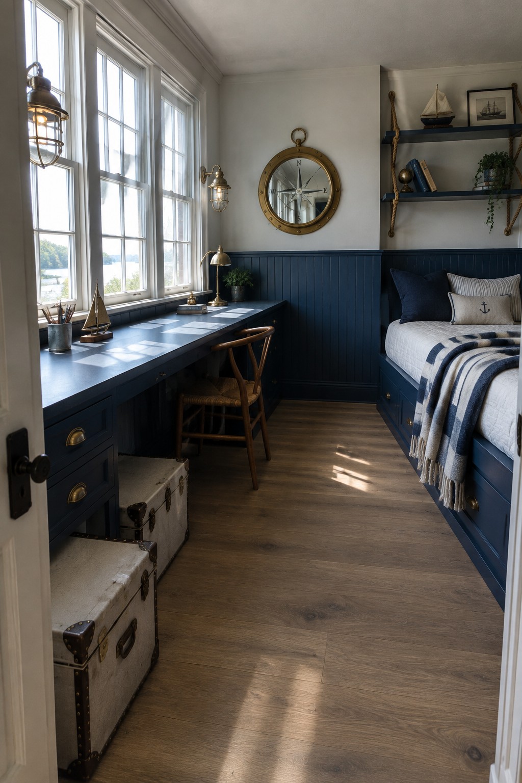 A boy's bedroom with a long navy blue built-in desk under three windows, a wooden chair, two vintage trunks on the floor, and a matching built-in bed with blue and white bedding along the right wall.