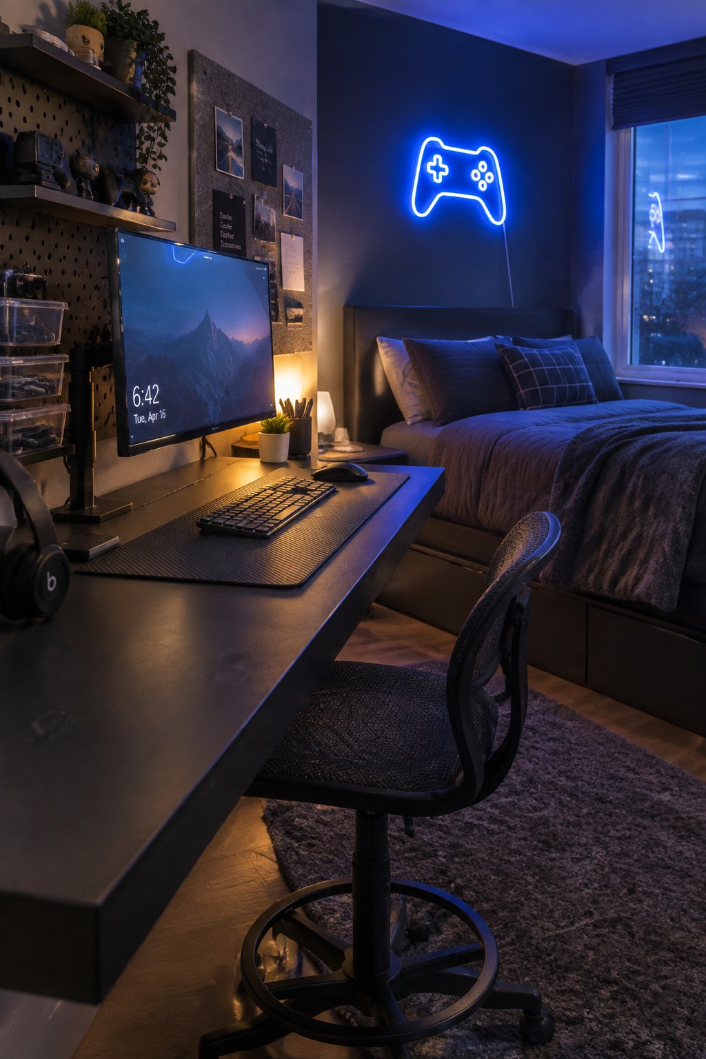A boys bedroom with a large dark desk holding a computer monitor and keyboard, an office chair, a bed with blue bedding, and a blue neon game controller light on the wall.