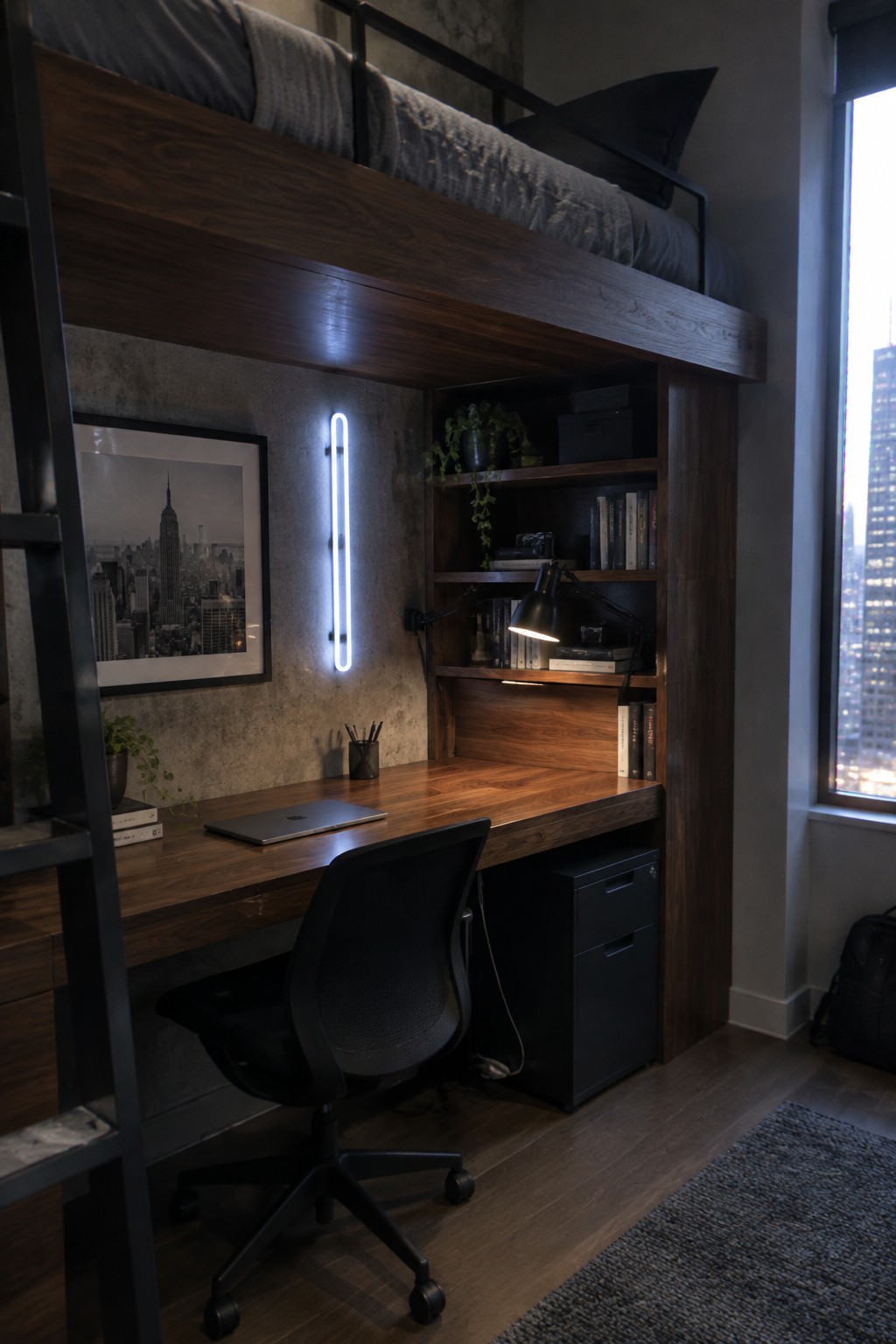 A modern boy's bedroom featuring a dark wood loft bed above a built-in wooden desk with black shelving, a laptop, desk lamp, black office chair, and cityscape artwork on a concrete wall.