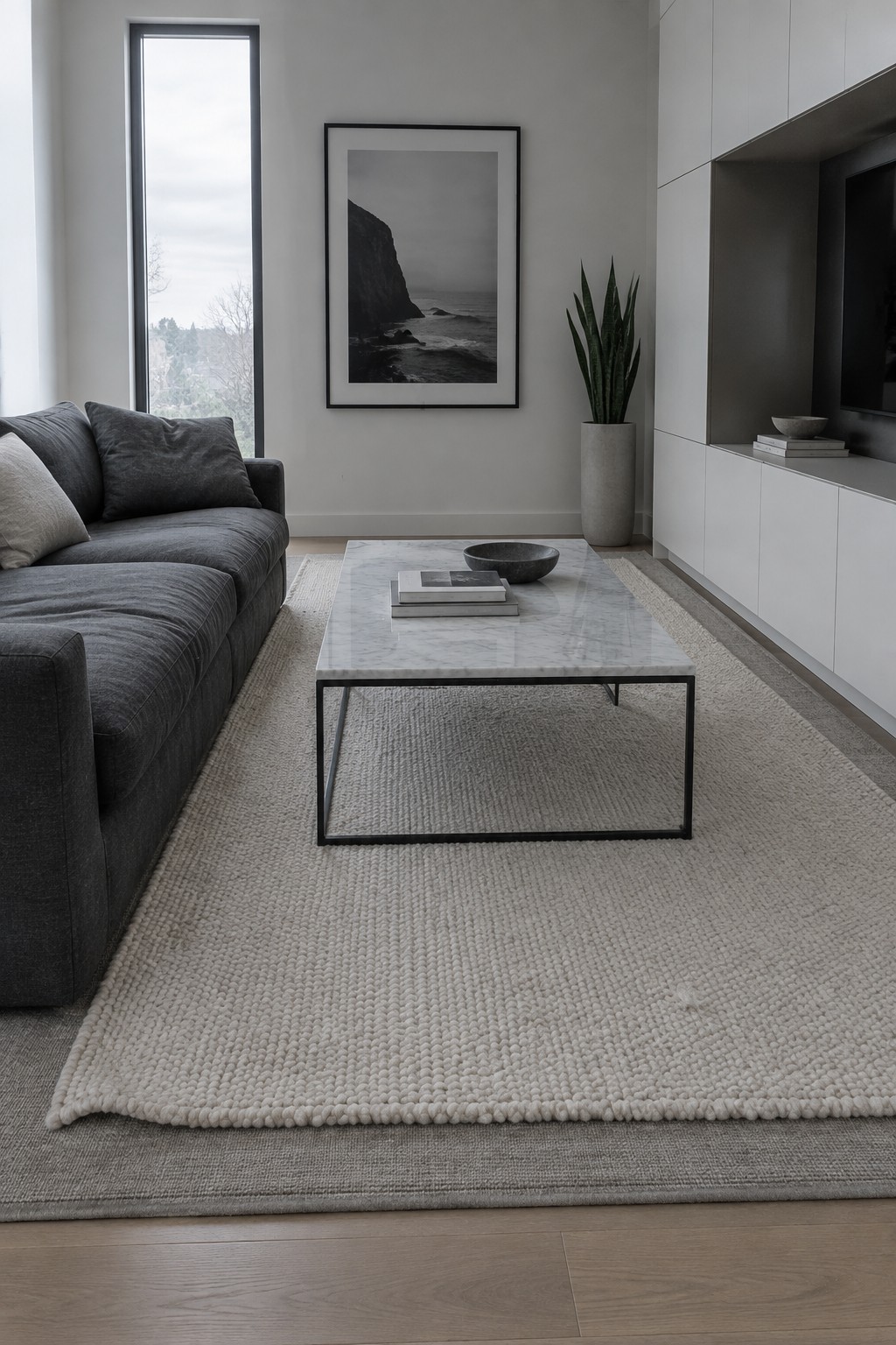 A modern living room with a gray sectional sofa on the left, a white marble coffee table centered on a large light textured rug layered over gray carpet, a black and white framed photo on the wall, and a potted snake plant beside white built-in cabinets.